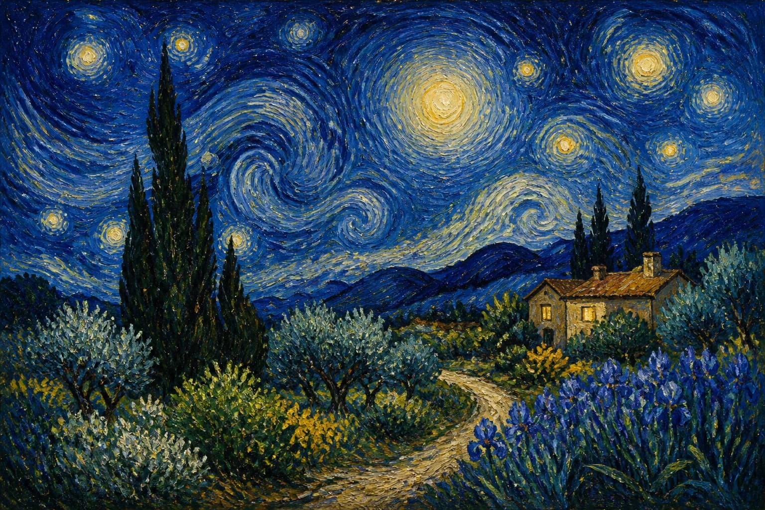Atelier Sway Sway No. 01, a Van Gogh-inspired nocturne with cobalt sky, cadmium stars and cypress